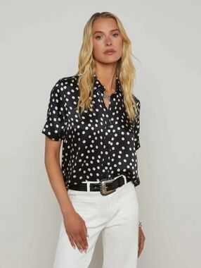L'AGENCE Black Polka Dot Silk Button-Up Blouse